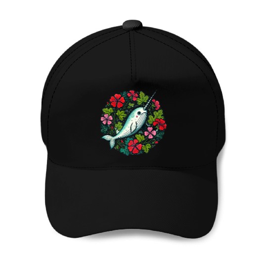 Whimsical Narwhal Amid Floral Bloom Baseball Caps