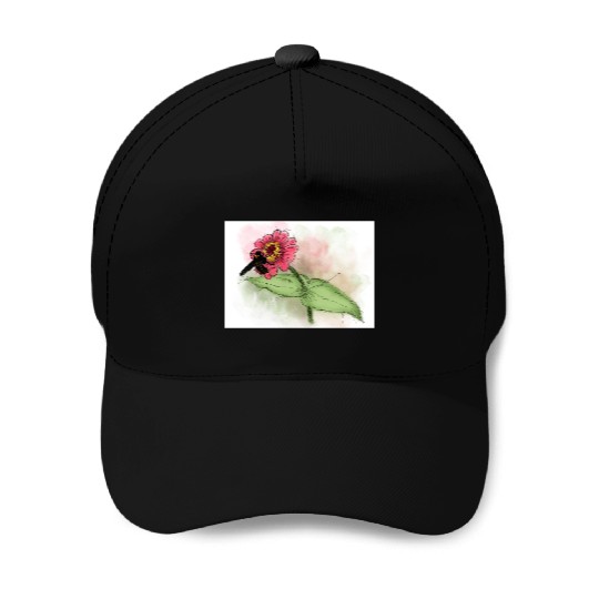 Wildflower and Bumblebee Illustration Baseball Caps
