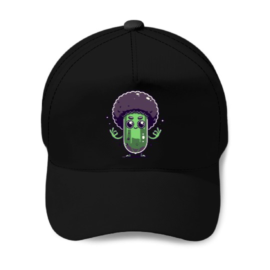 Whimsical Broccoli with Afro Hair Baseball Caps