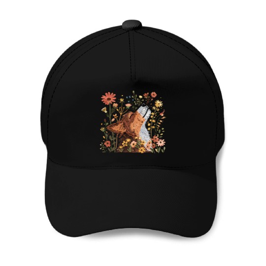 Serene Howling Wolf Amid Floral Bloom Baseball Caps