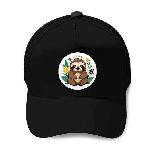 Adorable Sloth with Bee and Flower Motif Baseball Caps