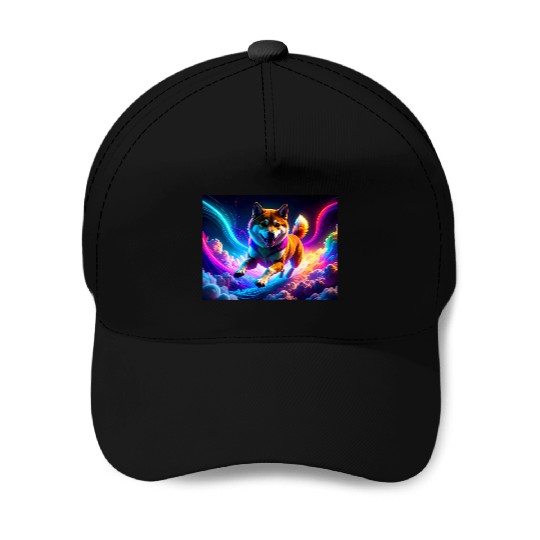 Vibrant Neon Shiba Inu in Surreal Sky Baseball Caps