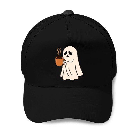 Spooky Ghost with Coffee Mug Design Baseball Caps