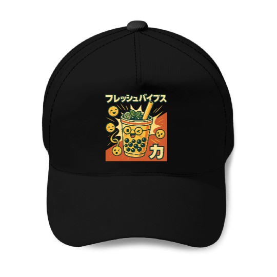 Playful Bubble Tea Illustration Baseball Caps