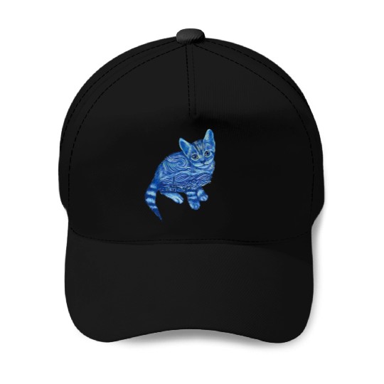 Blue Van Gogh Starry Night Bengal Cat Illustration Baseball Caps