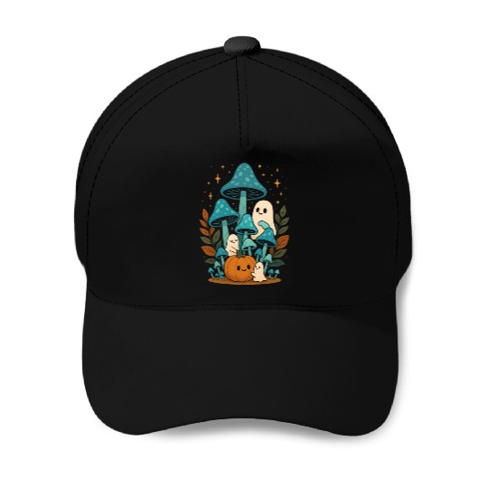 Whimsical Ghost and Mushroom Halloween Scene Baseball Caps