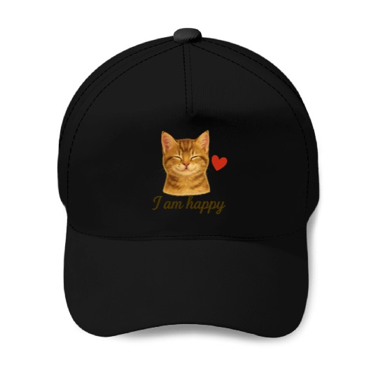 I Am Happy – Cute Realistic Cat with Red Heart Baseball Caps
