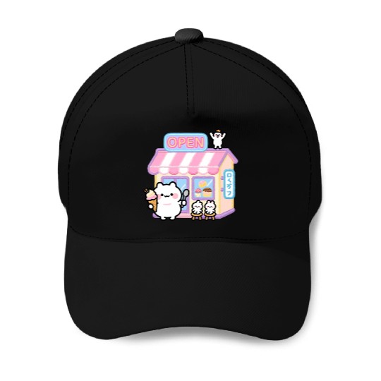 Kawaii Cat Ice Cream Shop Illustration Baseball Caps