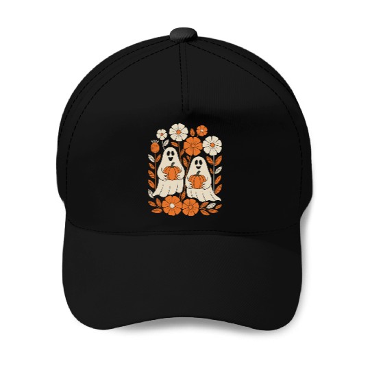 Floral Halloween Vintage Ghost Flower Pumpkin Baseball Caps