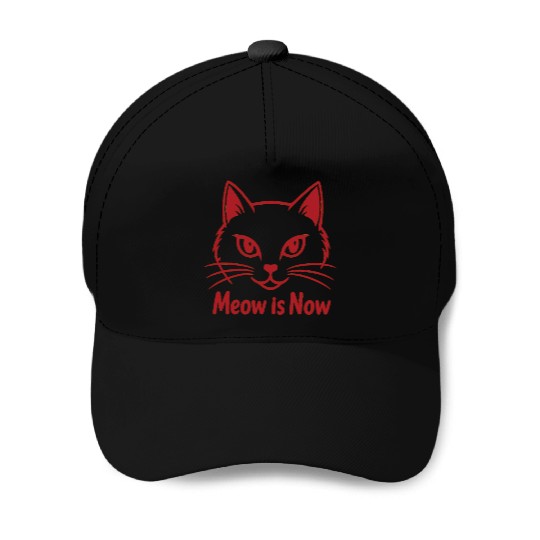 Elegant Cat Face with Bold Red Lines - Meow Is Now Baseball Caps