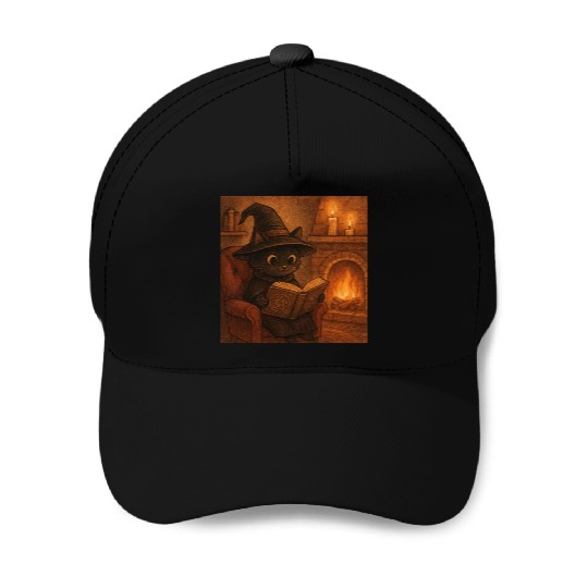 Enchanted Cat Witch by the Fireplace Baseball Caps