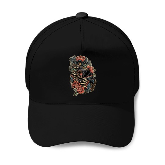 Mythical Beast and Floral Fusion Design Baseball Caps