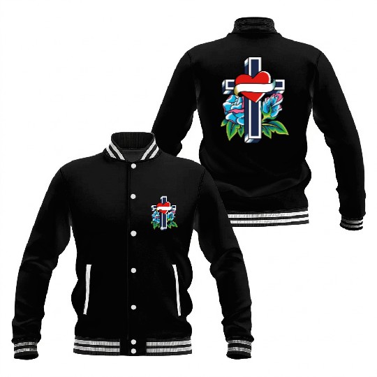 Cross with heart and roses tattoo Baseball Jackets