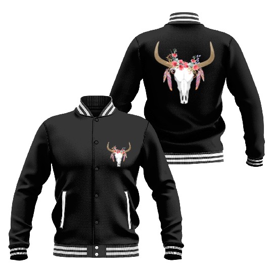 Floral Cow Skull With Feathers Bull Skull Baseball Jackets