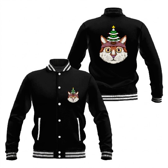 Cute Cat Wearing A Christmas Tree Hat Baseball Jackets