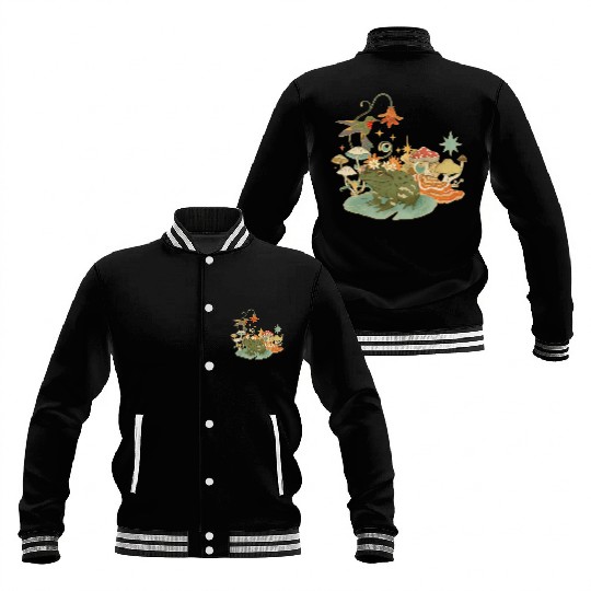 Cottagecore with frog, mushrooms and hummingbird Baseball Jackets
