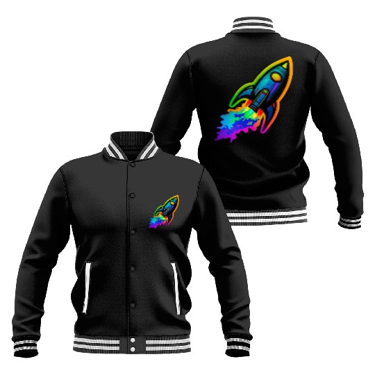 Psychedelic Retro Neon Rocket Baseball Jackets
