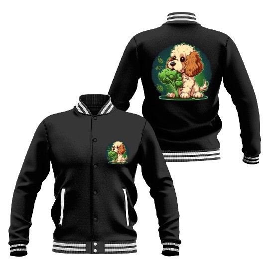Cute dog eats green broccoli vegetables Baseball Jackets