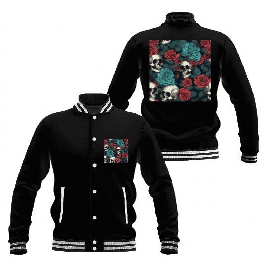 Gothic Skulls & Red Roses Pattern Dark Elegant Baseball Jackets