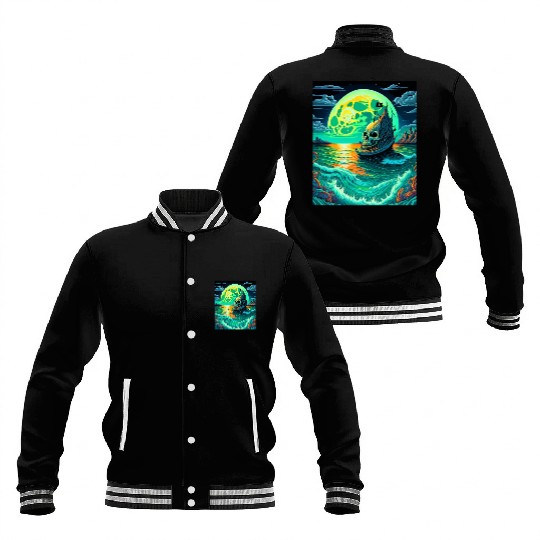 Pirate Ship With A Skull At Full Moon Baseball Jackets