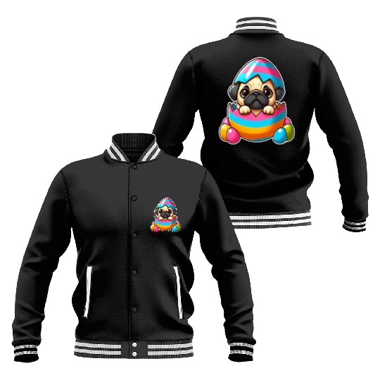 Easter pug hatches from colorful Easter eggs Baseball Jackets
