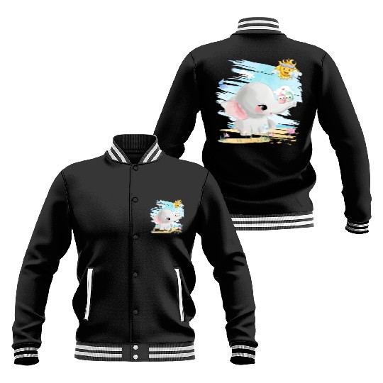 Elephant Walking At Beach With 2 Birds Friends Baseball Jackets