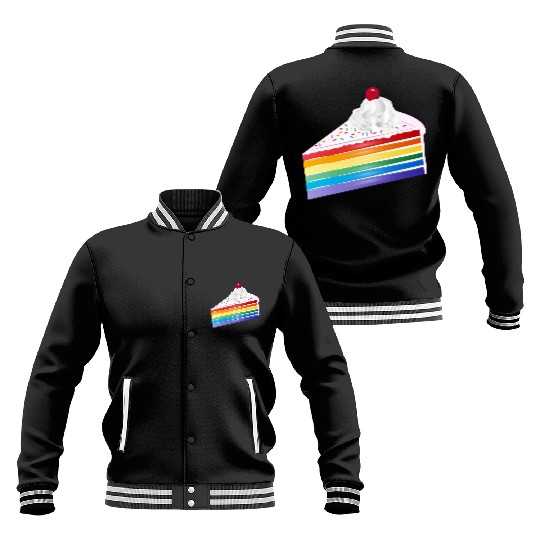 Piece of rainbow cake with cream and cherry Baseball Jackets