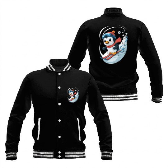 Penguin Ski Adventure with Smiling Snowflakes Baseball Jackets