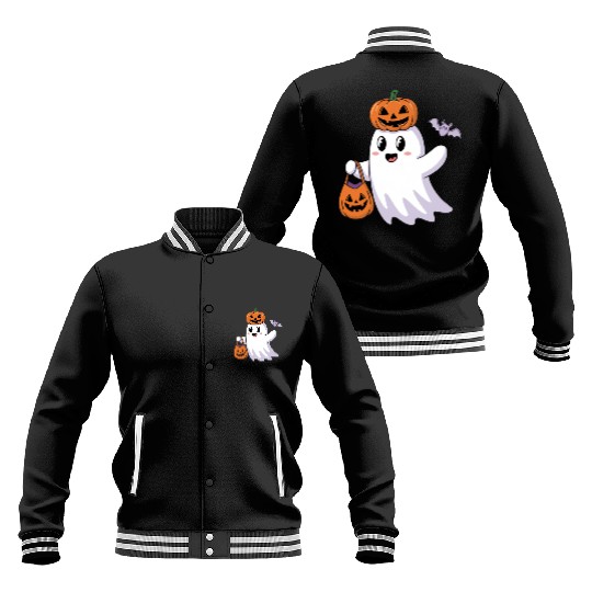 Cute Halloween Ghost with Pumpkin and Bat Baseball Jackets