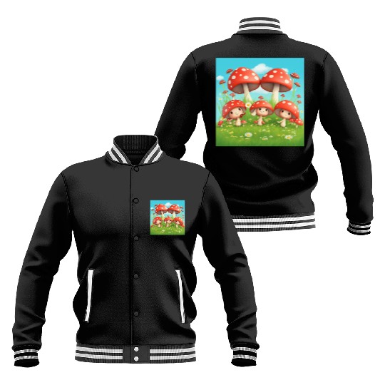 Mushrooms in Grass - Enchanting Nature-Inspired Baseball Jackets