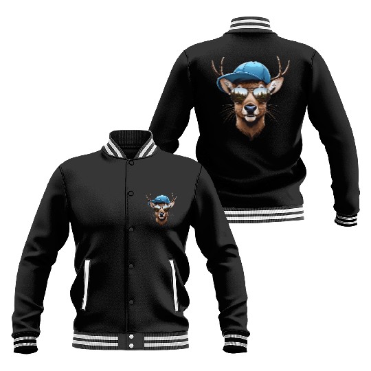 Deer With Blue Cap And Sunglasses Against White Baseball Jackets