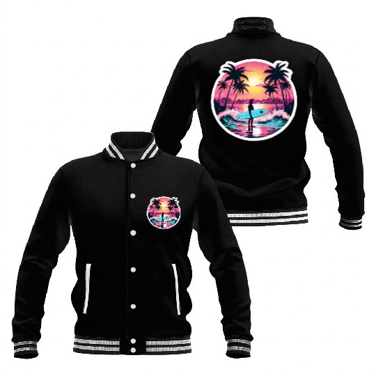 80s Synthwave Surfer | Retro Sunset Baseball Jackets.