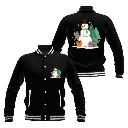 Festive Snowman with Cats and Pine Trees Baseball Jackets