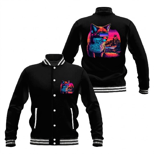 Retro Futuristic Synthwave Fox Baseball Jackets