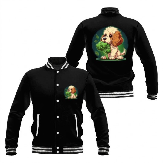Cute dog eats green broccoli vegetables Baseball Jackets