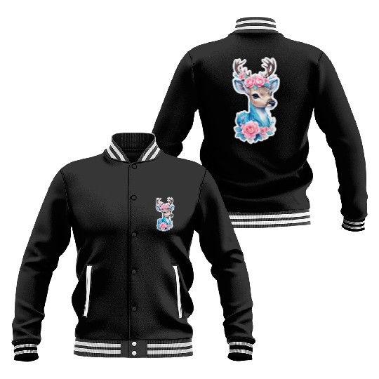 cute deer blue blossom pink rose Baseball Jackets