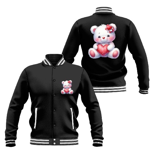 White Teddy Bear Love Valentine's Day Red Heart Baseball Jackets