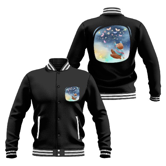 Teddy Bear Up To Sky Using Butterfly Excited Baseball Jackets