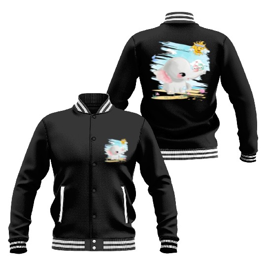 Elephant Walking At Beach With 2 Birds Friends Baseball Jackets