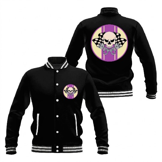 Purple racing stripe with pirate skull and pistons Baseball Jackets
