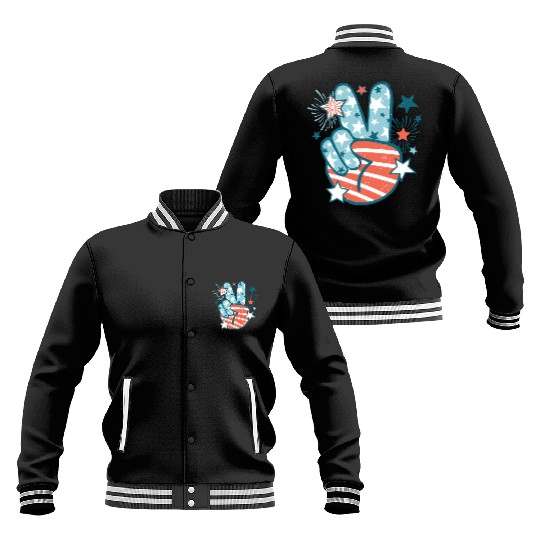 Groovy 4th Of July Peace Hand Sign USA Flag Baseball Jackets