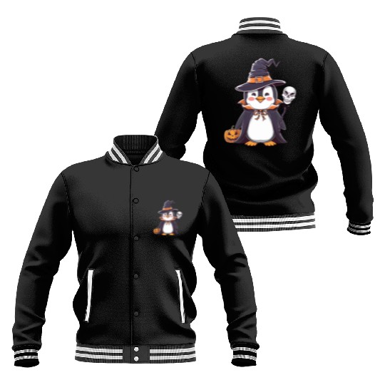 Penguin Halloween Sorcerer with Pumpkin and Skull Baseball Jackets