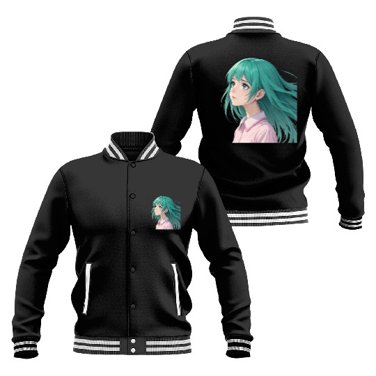Teal Tresses: A Vision of Anime Serenity and Wonde Baseball Jackets