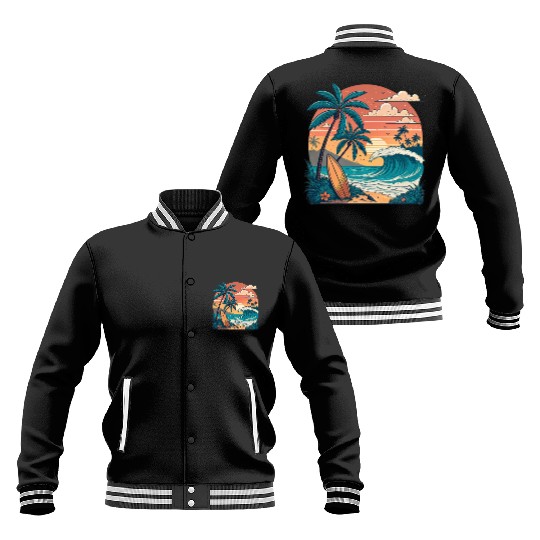 Tropical Paradise Sunset Surfing and Palm Trees Baseball Jackets