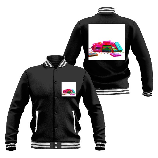 Vibrant Retro Cassette Tape Pattern Baseball Jackets