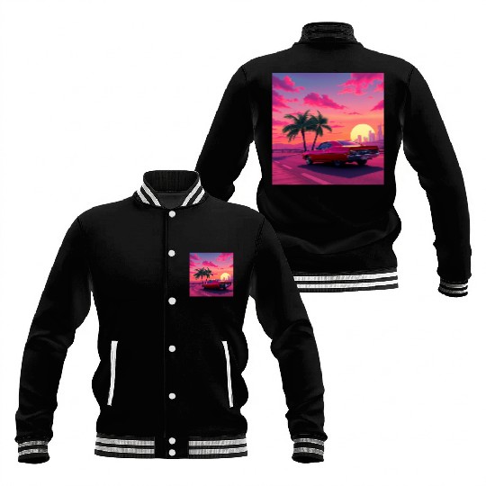 Neon Drift Sunset on the Synthwave Highway Baseball Jackets