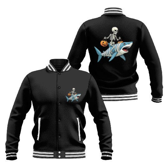 Skeleton Riding Shark Mummy Funny Halloween Baseball Jackets
