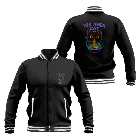 Y2K Ramen Cat – Retro Neon Anime Noodle Lover Desi Baseball Jackets