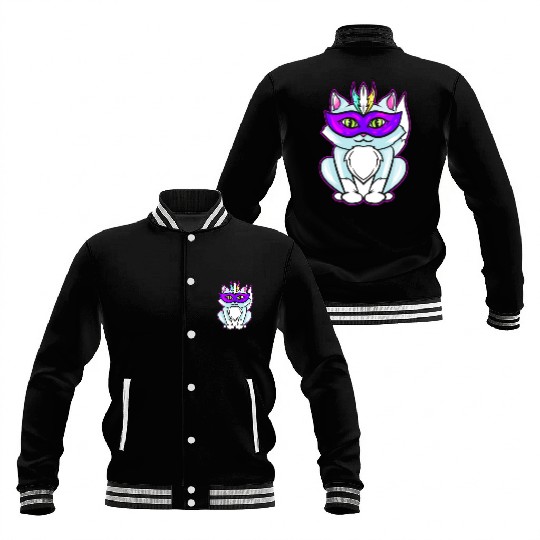 Cute Kawaii Cat With Purple Mask For Mardi Gras Baseball Jackets