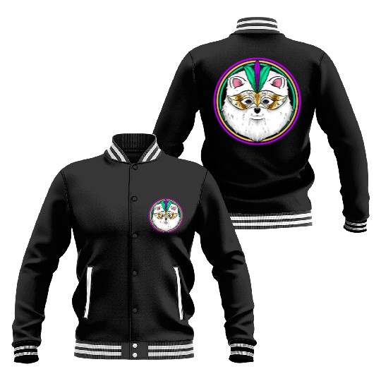 Pomeranian Or Samoyed Dog With Mask For Mardi Gras Baseball Jackets